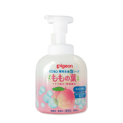 Pigeon Foaming Shampoo and Shower Gel 2-in-1 450ml ມີໃບ peach ສໍາລັບການດູແລອ່ອນໂຍນ