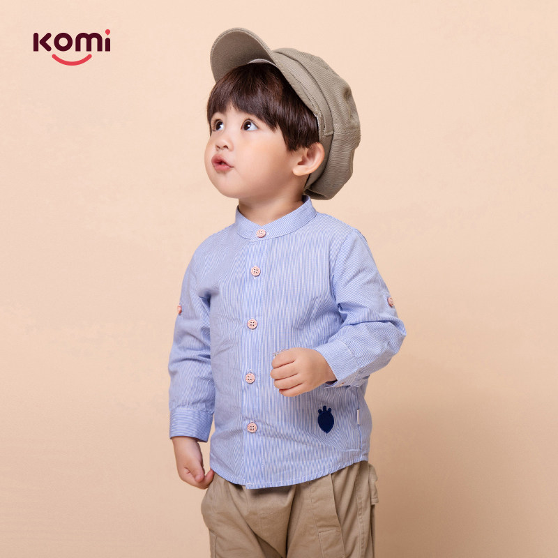komi children's shirt trendy boy long-sleeved thin baby 2021 new western style shirt cotton stand-up collar top children's clothing