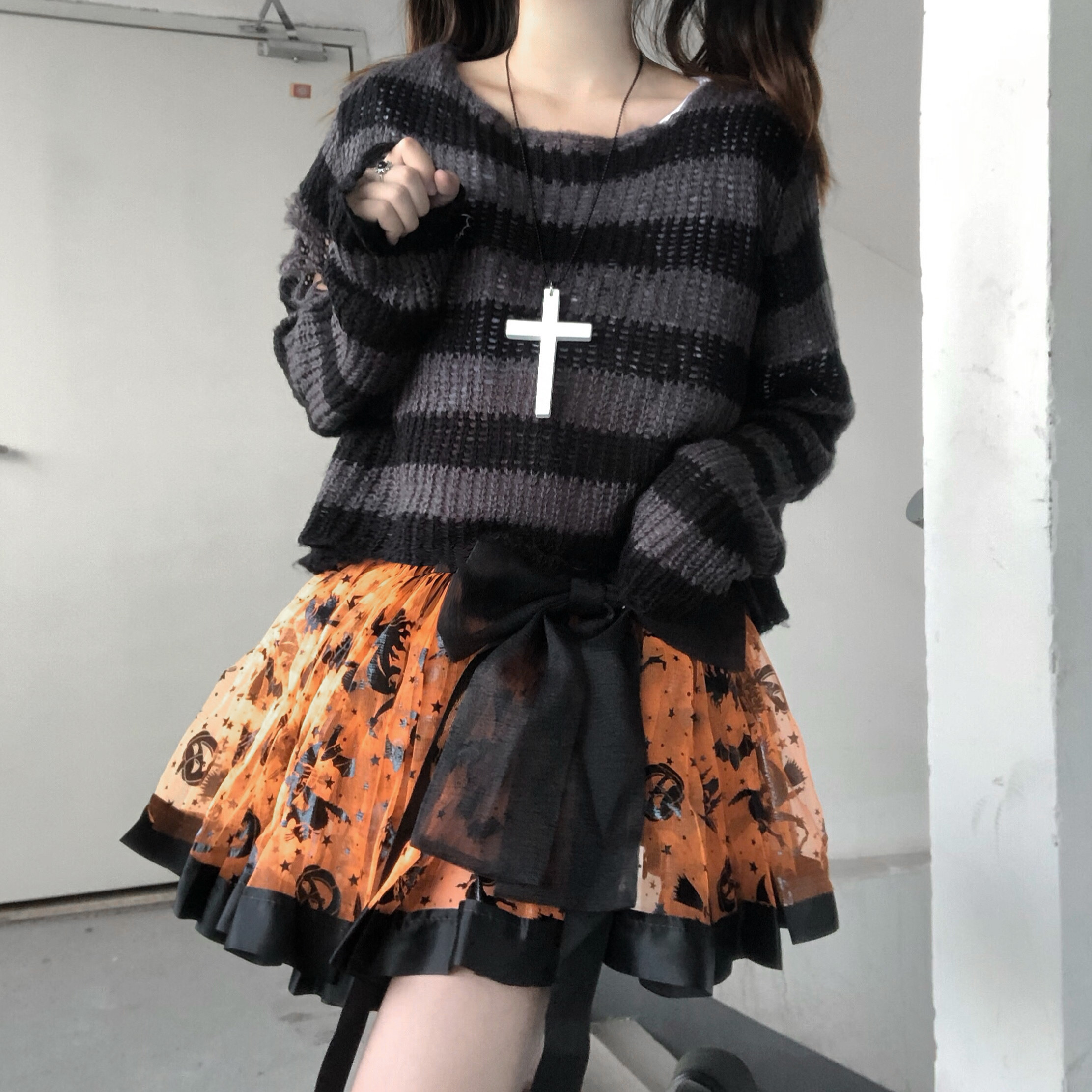 Homemade super short high-waisted hot girl punk goth sweet Japanese style midi skirt short skirt slimming cover skirt pumpkin Halloween