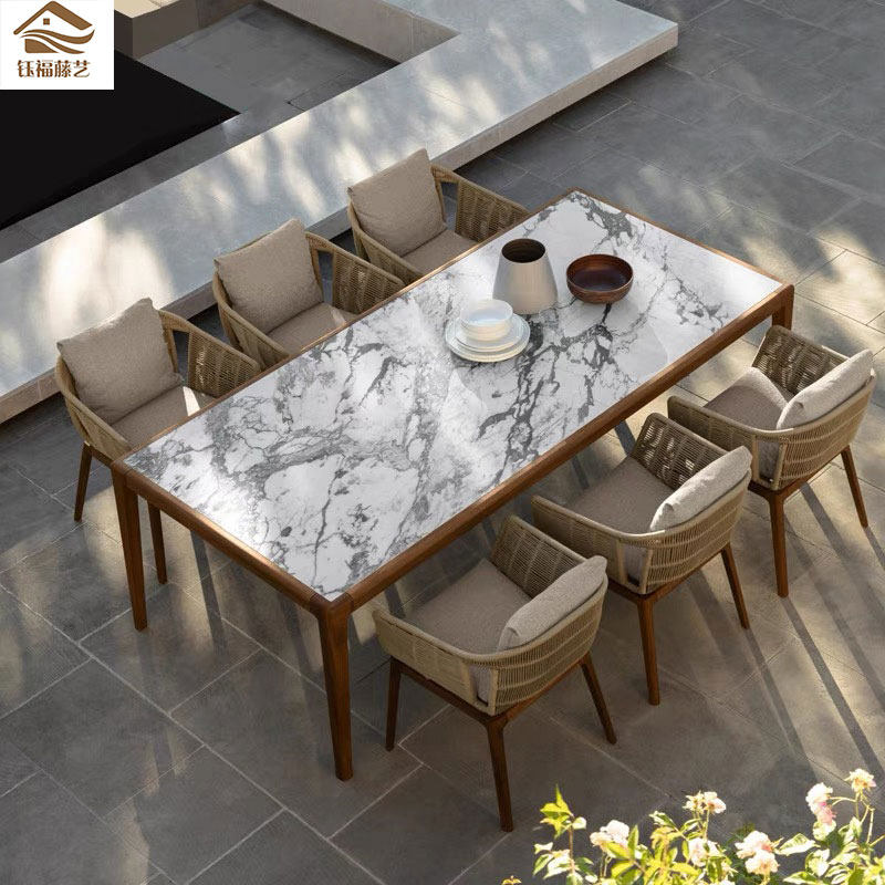 Outdoor Dining Table And Chairs Combine Teak Patio Courtyard Villa Garden Dining Room Outdoor Leisure-style benches Accommodation Rattan Chair Furniture-Taobao