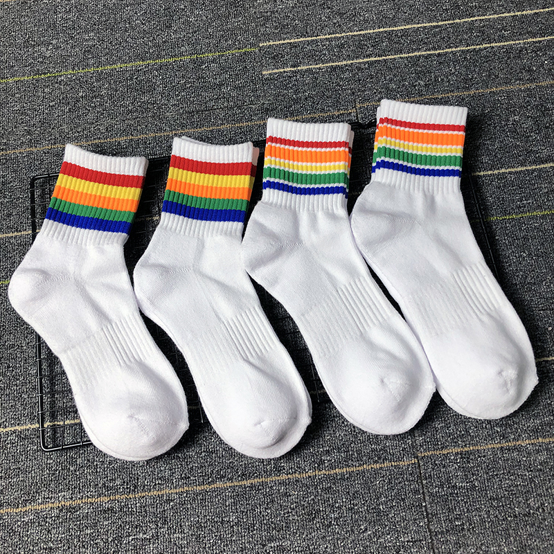 4 Double Loaded Spring Summer Rainbow Striped Towel Bottom Men Midcylinder Socks Male Movement Thickening minimalist pure cotton deodorant