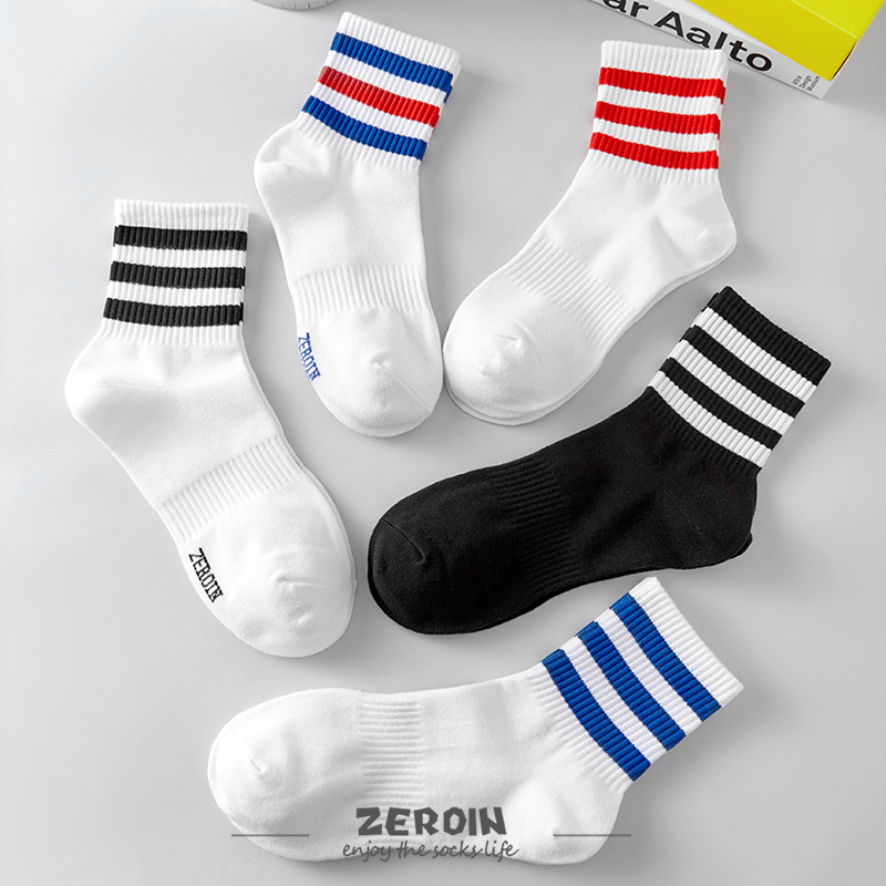 5 Double Summer Socks Men's Mid-Cylinder Pure Cotton Striped Black & White Sports Socks Suction sweat and Ventimiter Deodorant Long Socks