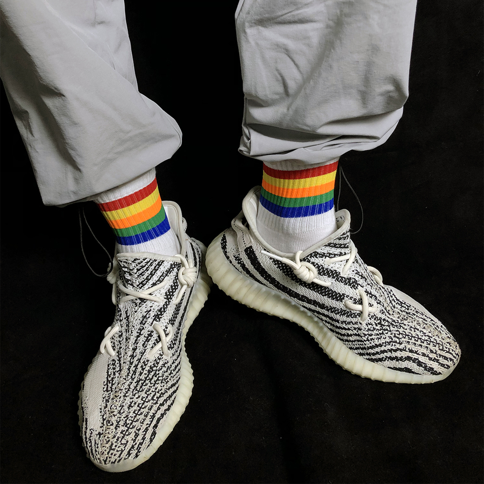 Men's sports socks with printed towel bottom thickened basketball socks trend rainbow pattern cotton white socks summer ins