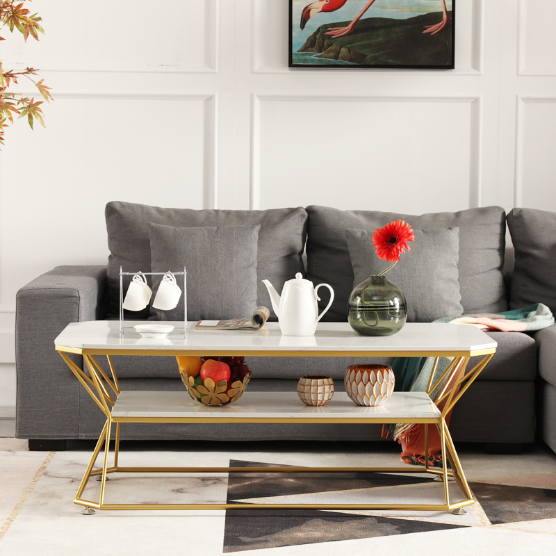 Nordic golden coffee table light luxury living room single-layer double-layer home marble storage multi-functional modern minimalist coffee table