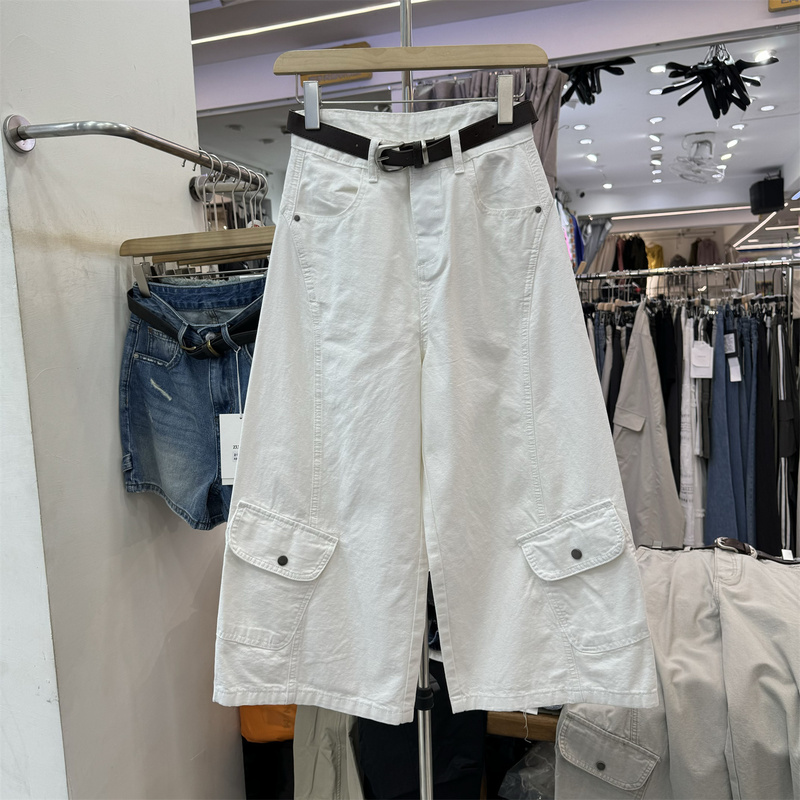 European Genuine High-Waisted Workwear Jeans for Women, New Summer Style with Three-Dimensional Pockets, Loose Wide-Leg Cropped Pants 8723