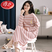 2022 New Sleeping Dress Lady Spring Autumn Style Pure Cotton Thin Section Long Sleeve One-piece Dress Autumn Winter Striped Pyjamas Woman Long