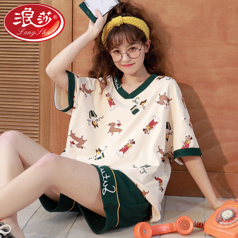 2022 new pajamas women's summer cotton short-sleeved shorts cute middle school students wear home clothes summer thin section