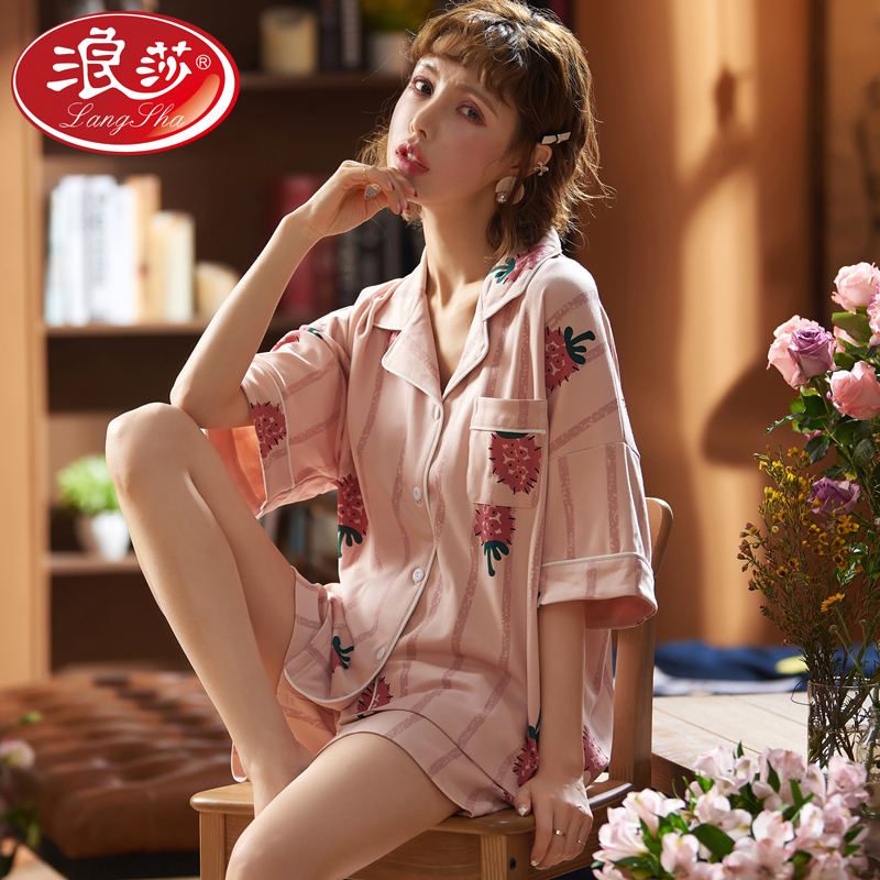 Langsha shirt pajamas women's summer thin cotton short-sleeved shorts two-piece suit spring and summer cute home service women