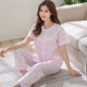 Bộ đồ ngủ cotton của phụ nữ mùa hè quần tây ngắn tay cardigan cotton tinh khiết dịch vụ nhà cotton phù hợp với sinh viên phong cách phương Tây mỏng tính khí kẻ sọc - Cha mẹ và con