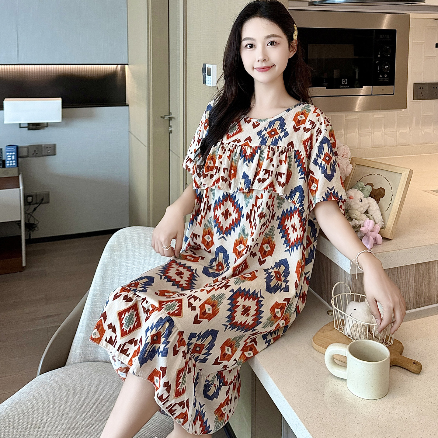 沙滩度假外穿防凸点棉绸睡裙女夏短袖绵绸睡衣孕妇连衣裙大码胖mm