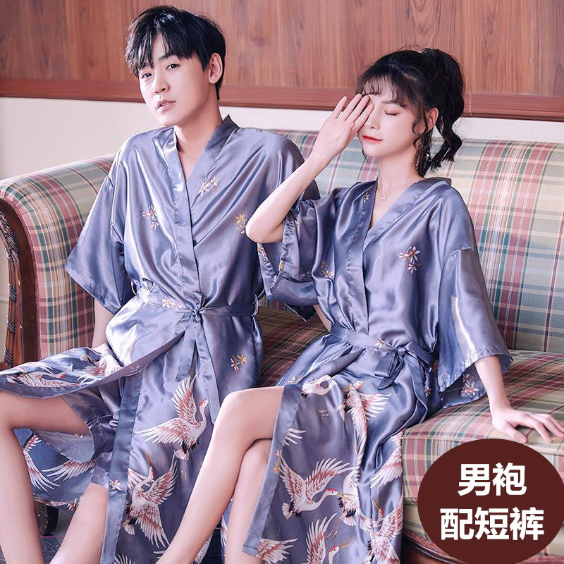 Couple's Nightgown Spring and Autumn Men's Silk Pajamas Women's Summer Silk Kimono Nightdress Suspender Ice Silk Two-Piece Set