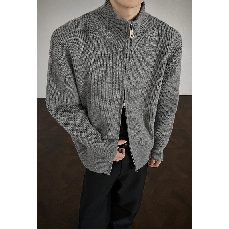Lucky New American Style Stand Collar Double Zipper Cardigan Sweater Unisex Trendy Brand Knitwear Simple Cool Jacket Top