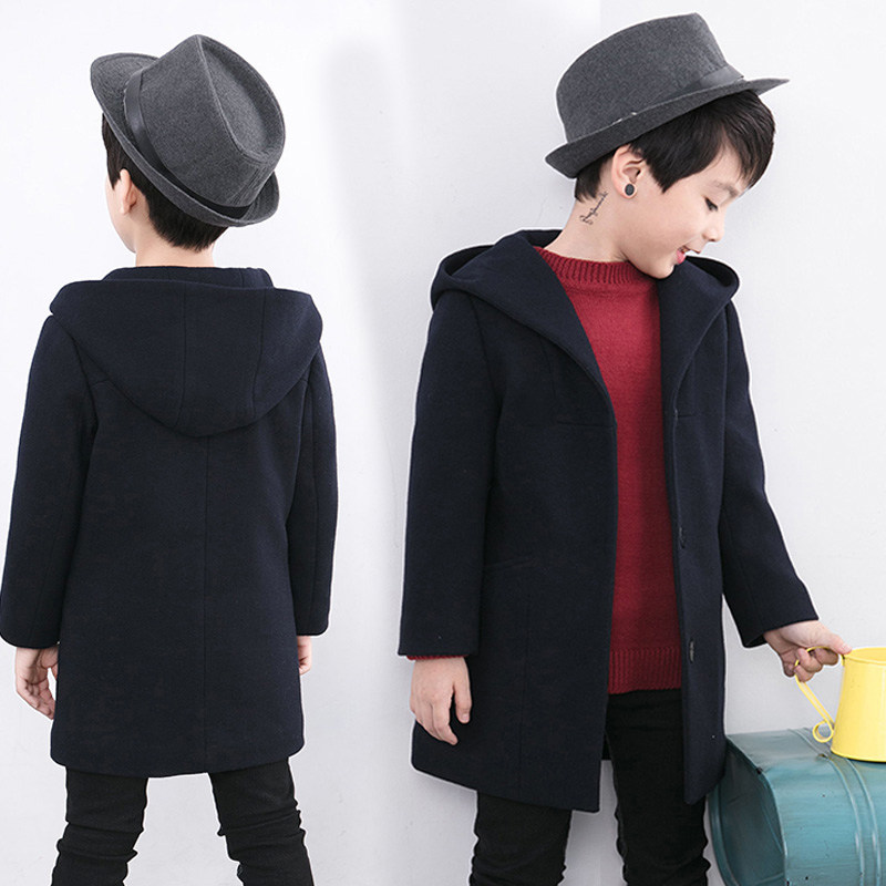 Boys woolen coat autumn and winter 2022 thickened children's woolen coat Western style big boy Korean version hooded mid-length version