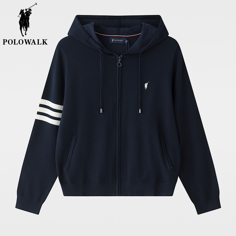 Polowalk Hooded Knitted Cardigan for Women 2025 Autumn and Winter New Style Polo College Style Zipper Stripesd Sweater Jacket