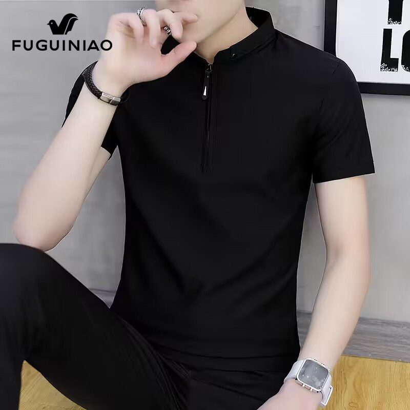 Fuguiniao Short-Sleeved T-Shirt Men's 2026 Summer New Style Versatile Stand-Up Collar Zipper Top Casual Polo Shirt Men's Clothing