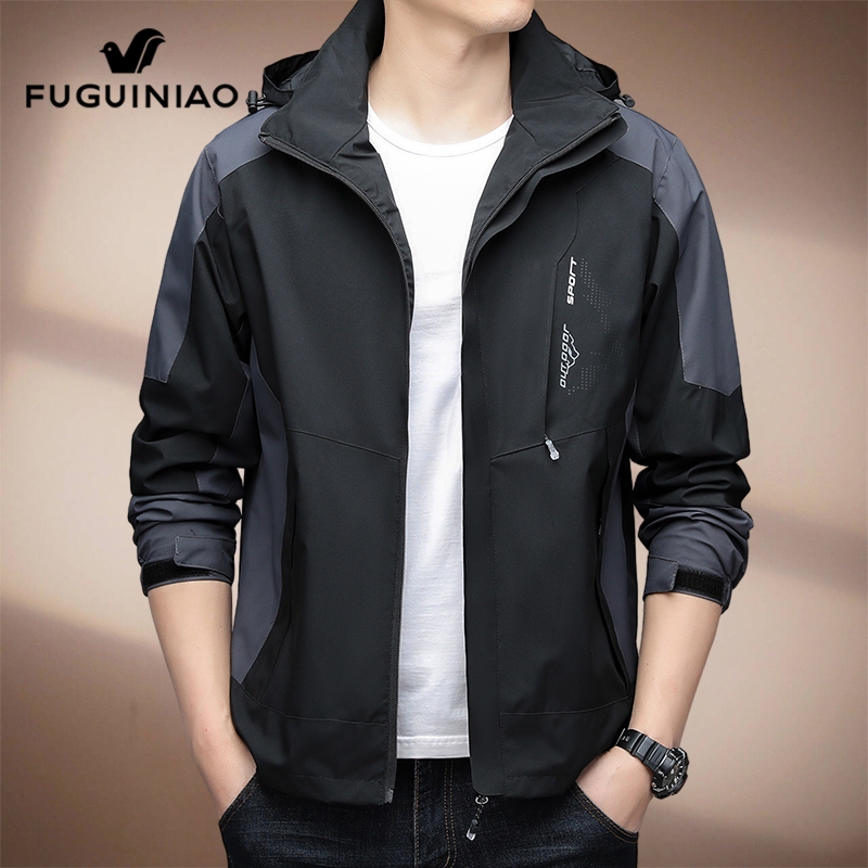 Fuguiniao Soft Shell Jacket Men's Jacket 2026 Spring Trendy Windproof Waterproof Detachable Hood Jacket for Men