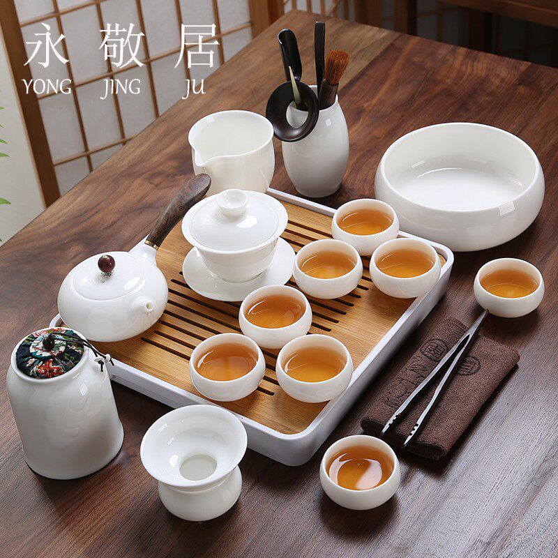 Yongjing Ju Dehua white porcelain sheep fat jade Chinese tea set Household set Ceramic gift box Kung Fu tea set