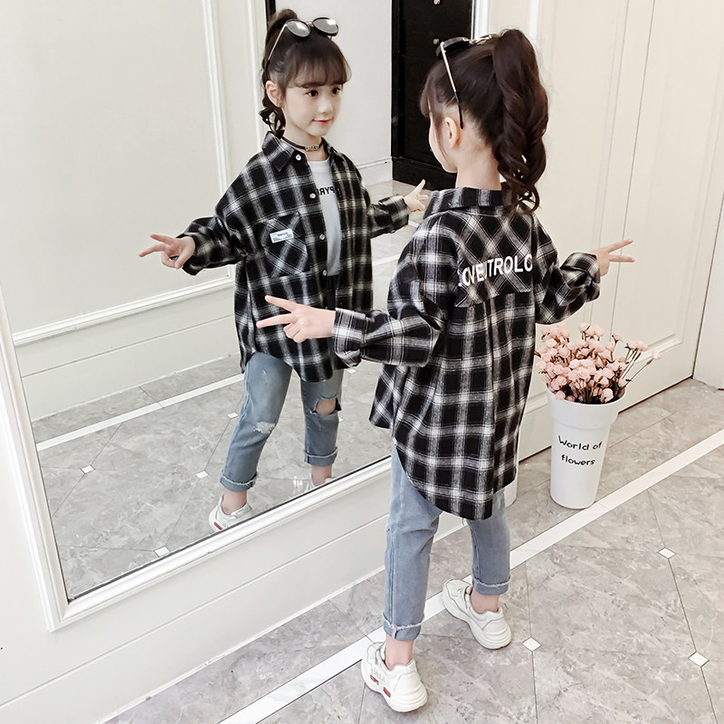 Girls 'shirts 2021 autumn new Korean version of the big boy Yangpai plaid top Children's clothing girls' net infrared cover