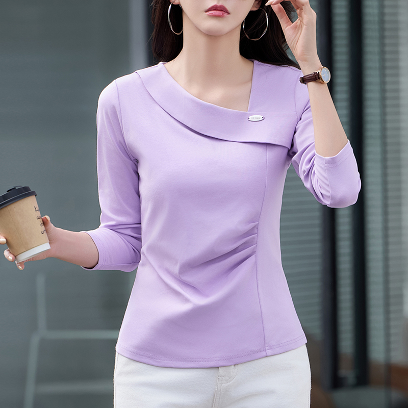 Asymmetrical Design Long-Sleeved T-Shirt for Women 2026 Spring and Autum Style, High-End Style, Slanted Collar, Pleated Right Shoulder Top for Women Asymmetrical Design Long-Sleeved T-Shirt for Women 2026 Spring and Autum Style, High-End Style, Slanted Collar, Pleated Right Shoulder Top for Women