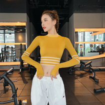 Sports tops womens long-sleeved short stripes fashion sexy fitness clothes tight and thin quick-drying running yoga clothes trend