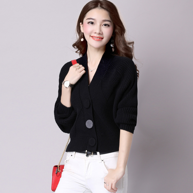 Mùa thu / đông loose-fitting dệt kim cardigan Hàn Quốc phiên bản phụ nữ batshirt của chương trình ngắn áo len mỏng áo khoác dài tay outofing