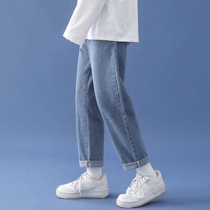 Dark Bluespring new pattern man Jeans Port style easy Solid color leisure time Straight pants Chaopai Versatile student Cropped trousers