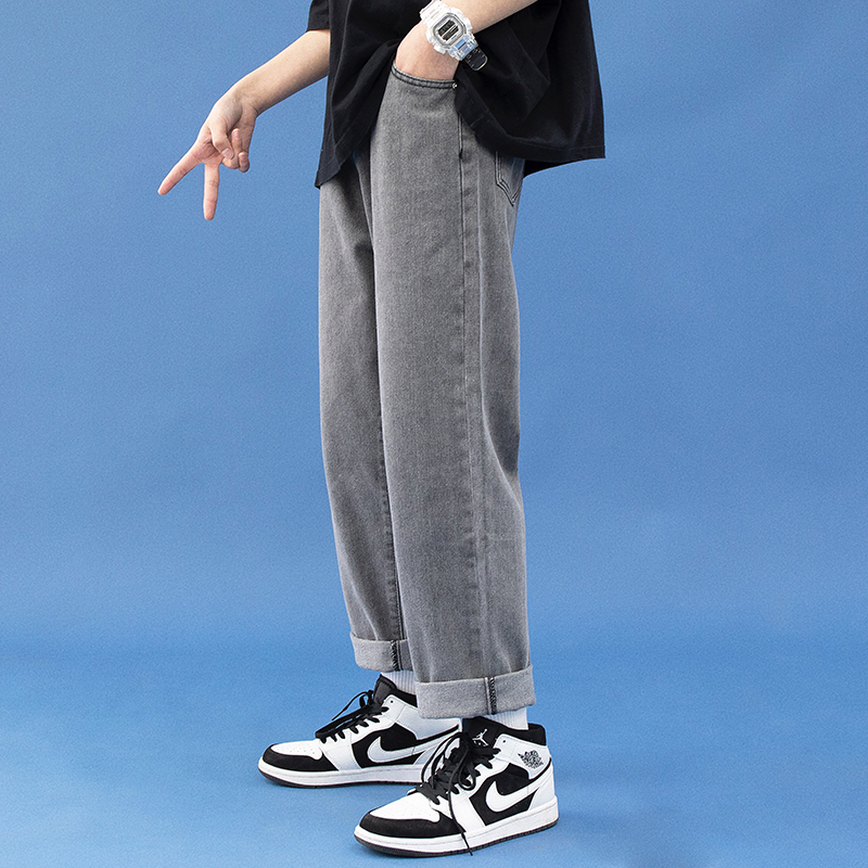Greyspring new pattern man Jeans Port style easy Solid color leisure time Straight pants Chaopai Versatile student Cropped trousers