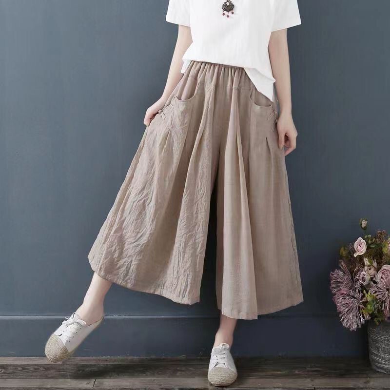 Clearance Sale: Petite Women's Cotton-Linen Wide-Leg Pants, Summer Thin Style, Plus Size, Loose Fit, Middle-Aged Mom Casual Capri Pants/Skirt