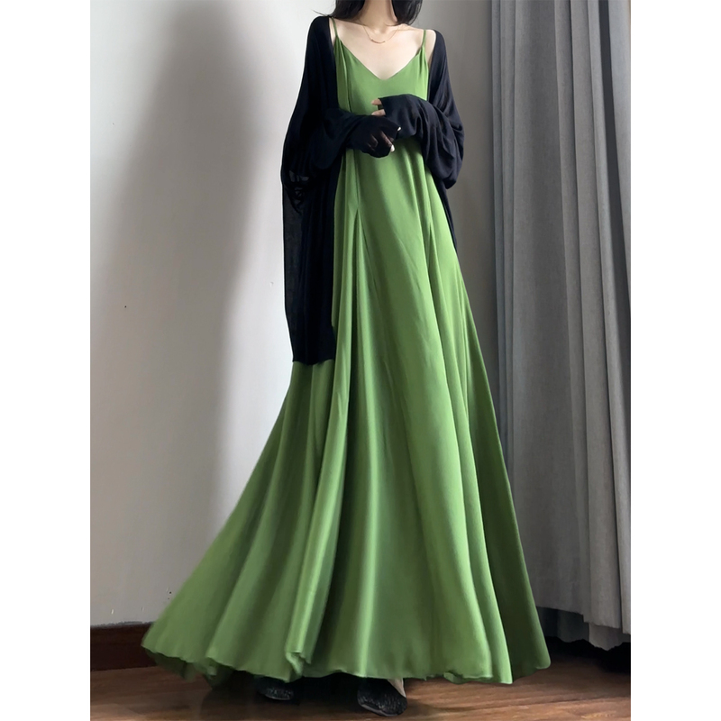 Green Drapey Chiffon Slip Dress That Covers the Belly, Long Dress for Tall People That Reaches the Ankles