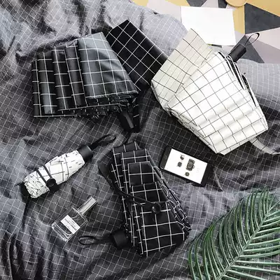 Simple plaid vinyl sunscreen parasol Three-fold sunny and rain dual-use small fresh umbrella Female parasol ins umbrella