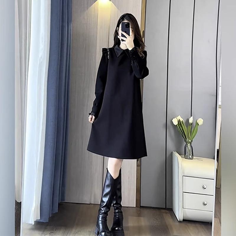 Autumn and Winter Plus-Size Women's Loose Casual Elegant Hepburn-Style Little Black Dress 2025 for Chubby Women, Tummy-Concealing and Slimming Dress
