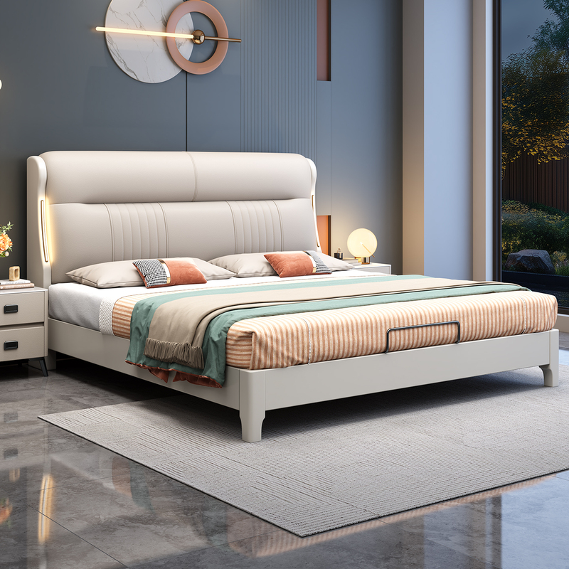 Modern Minimalist Solid Wood Bed 1.8m Light Luxury Cream Style Double Bed in Apricot Gray with Genuine Leather Soft Headboard and Mortise and Tenon Structure