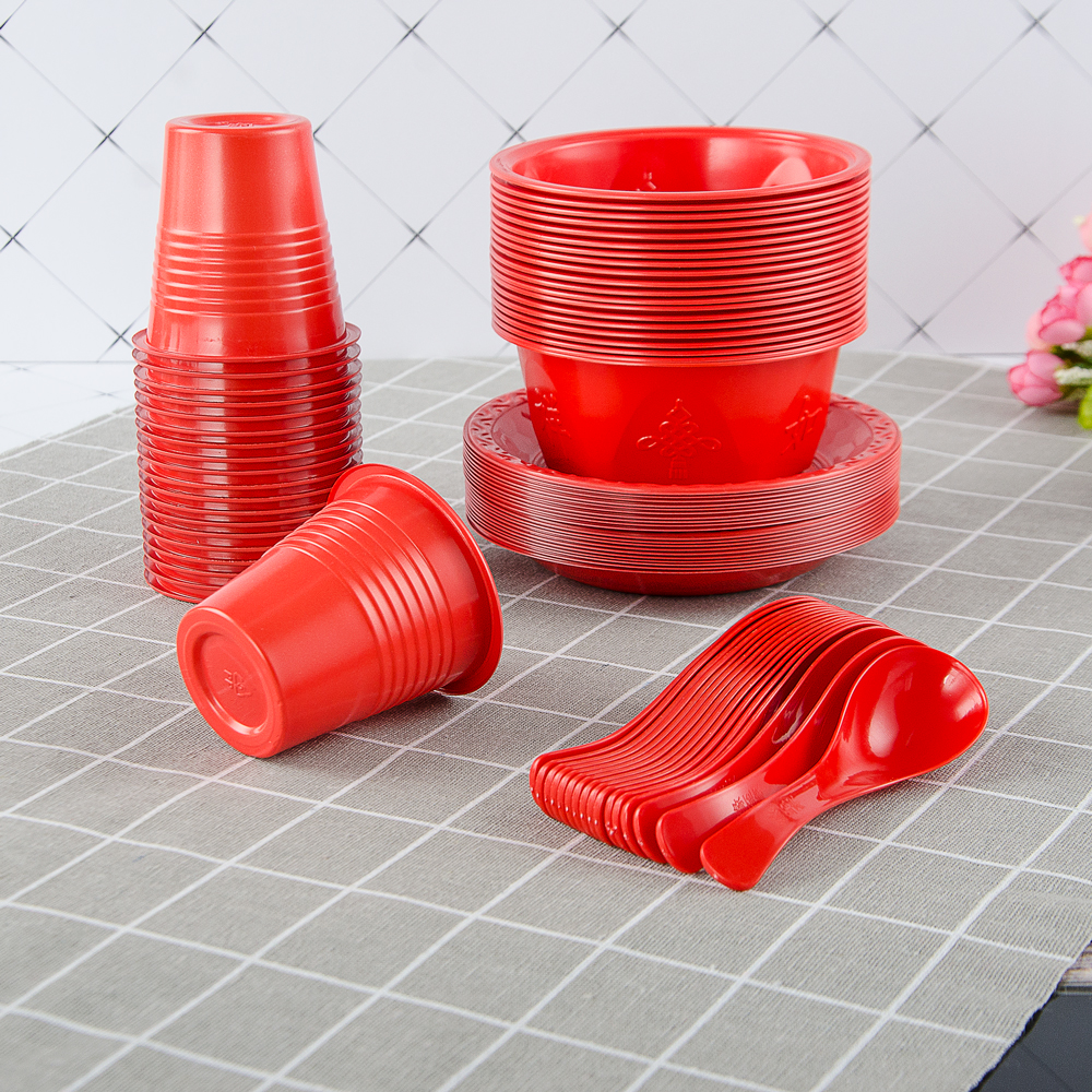 Disposable bowls and chopsticks set tableware banquet cups and saucers spoon household environmental protection thickened high-end wedding banquet red bowl