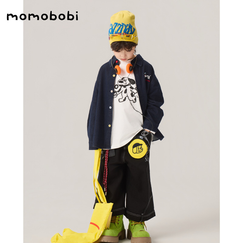 Momobobi LAOSHU New Style Denim Shirt for Older Children, Korean Version with Unique Cartoon Embroidery, Parent-Child Denim Jacket, Trendy