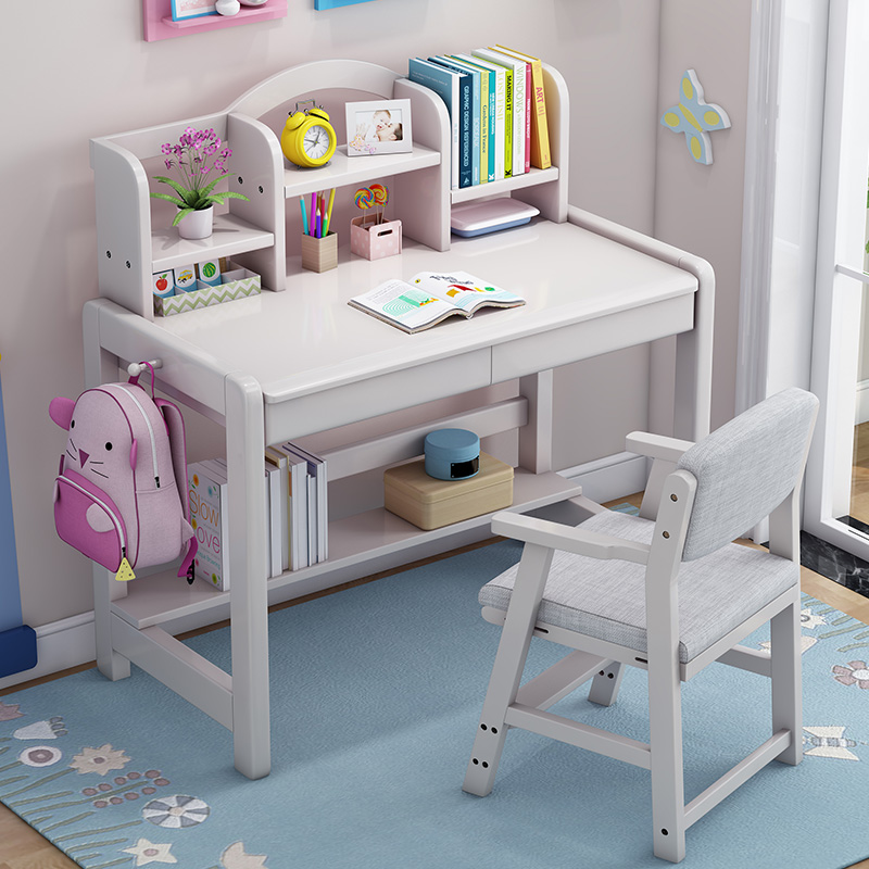 Children's solid wood desk bookshelf combination student study table simple home bedroom girl writing desk one table and chair