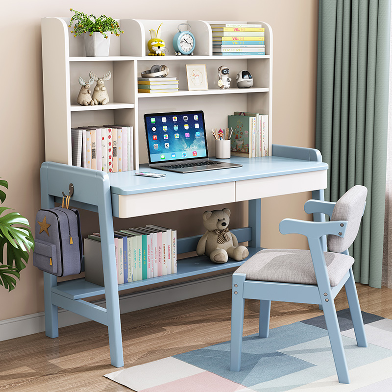 Solid wood desk bookshelf one lift children's study table primary school student bedroom desk home computer desk bookcase - Taobao