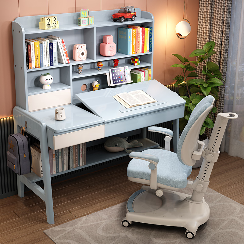 Children's study table can be tilted desktop solid wood desk bookshelf integrated primary school students home bedroom desk chair