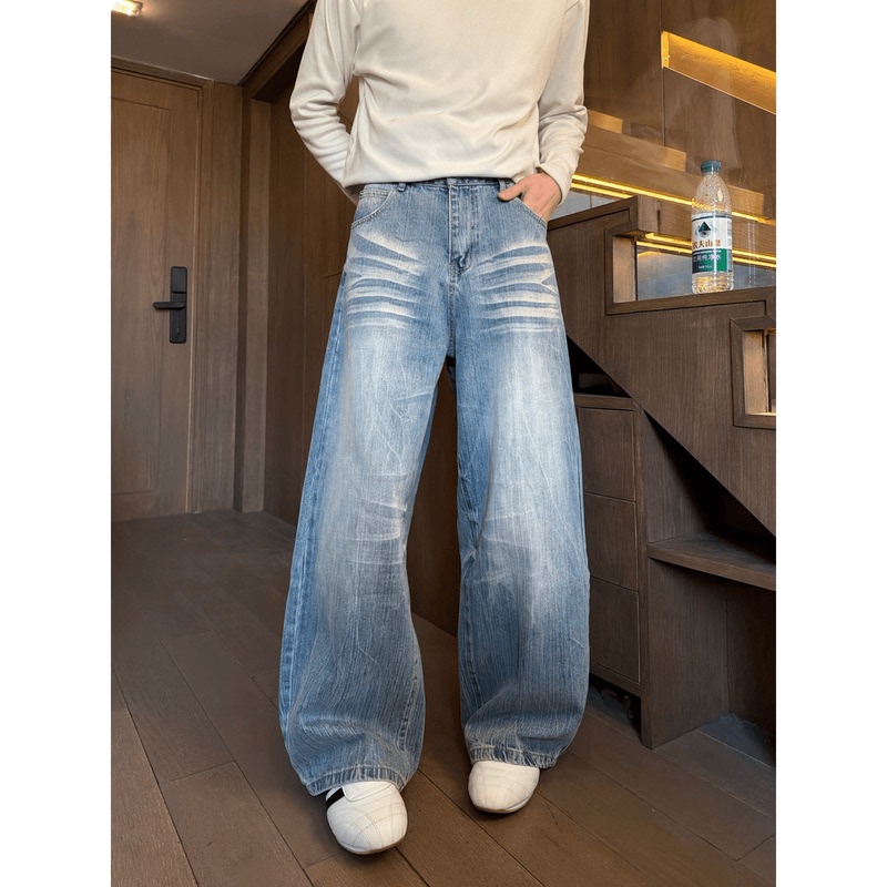 American Retro Distressed Loose Wide-Leg Jeans