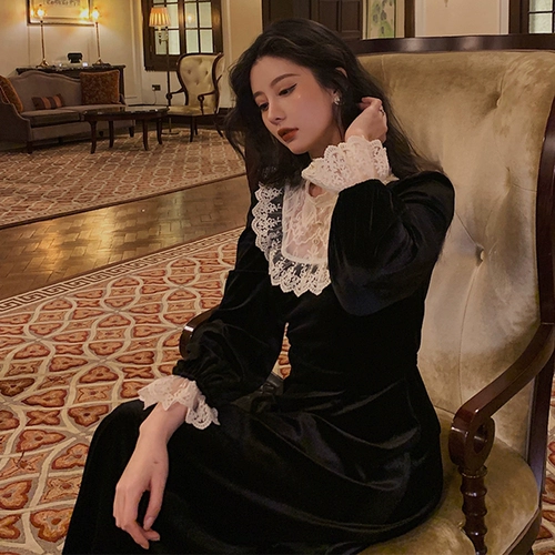 Весеннее дизайнерское ретро кружевное черное платье, коллекция 2021, городской стиль, тренд сезона, французский стиль