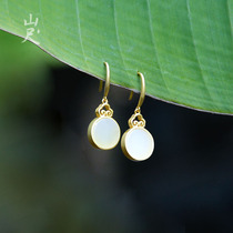State of mind -- natural and field jade white jade mirror round earrings 925 pure silver plated 18k gold ear pendant ancient wind ear decorated female