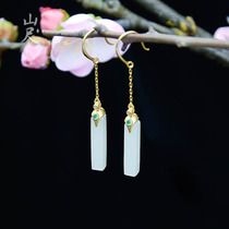 Qing shake 丨 natural Hetian jade white jade Chinese earrings 925 sterling silver earrings simple rectangular classical ear hook