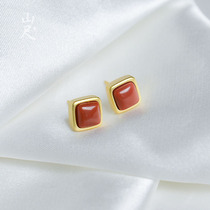 Evoked-natural South Red Manau square ear nail 925 pure silver ear ring minimalist in popular ear decoration