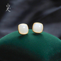 Ice shadows -- natural and field jade white jade earrings female 925 pure silver jade square earrings minimalist earrings Pagenuine