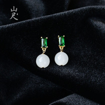 (Green water word)Natural Hetian jade white jade stud earrings Emerald retro earrings 18k gold earrings temperament