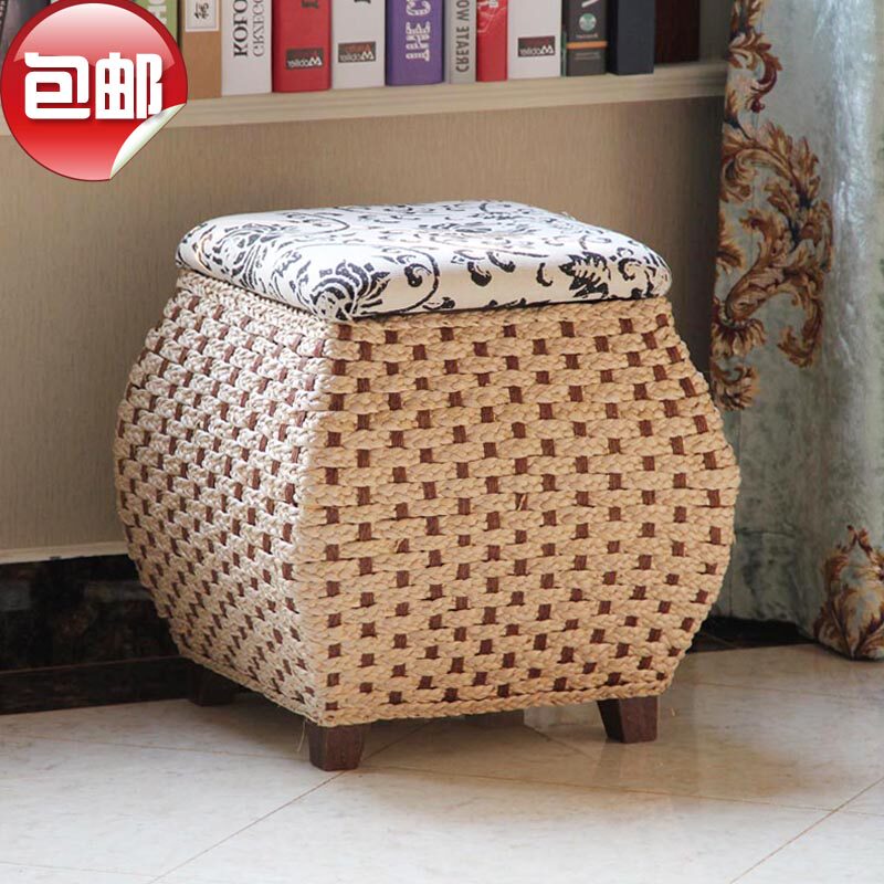 Handmade straw storage stool storage stool environmental protection rattan wear shoes change shoes stool footrest solid wood can sit in the box