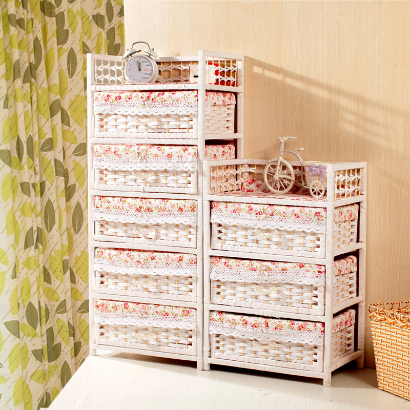 Straw storage cabinet Drawer storage cabinet Rattan solid wood 5-layer bedroom toy finishing children's baby wardrobe