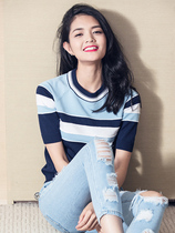 Hipster coat women gentle wind stripes thin ice silk T-shirt pullover loose middle sleeve gentle wind sweater summer