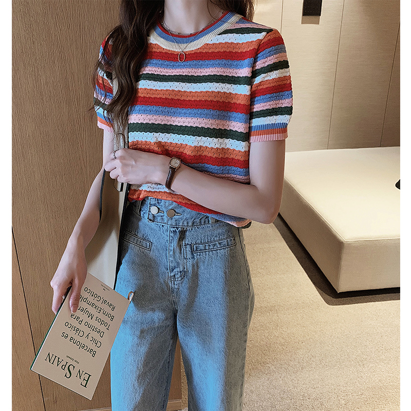 Net red T-shirt women's ins superfire 2022 Summer new women loose rainbow striped ice silk short sleeve t-shirt blouse