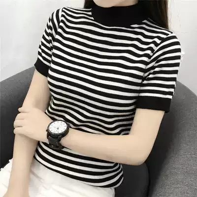 Ice silk T-shirt women's early autumn all-match slim-fit knitted top black and white striped semi-turtleneck women's sweater bottoming shirt spring