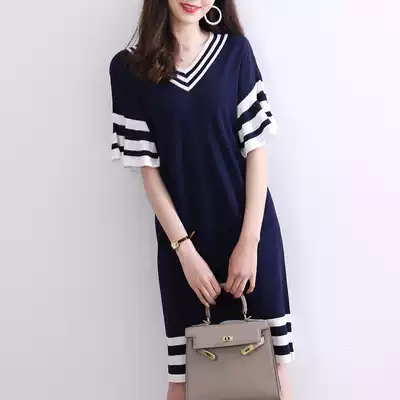 2021 summer dress Korean version of temperament ruffled V-neck dress long version of slim waist knitted Ice Silk women Summer